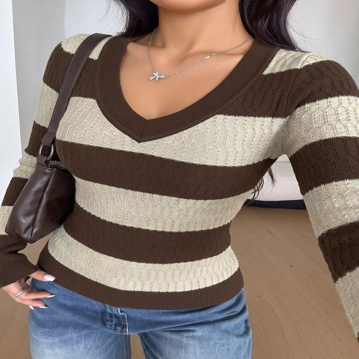Model wearing the Striped V-Neck Knit Top Main image