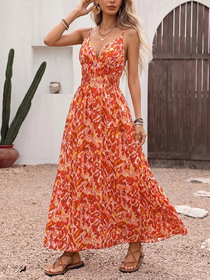 Printed V-Neck Sleeveless Smocked Maxi Dress-Maxi Dress.-Splashis-Splashis