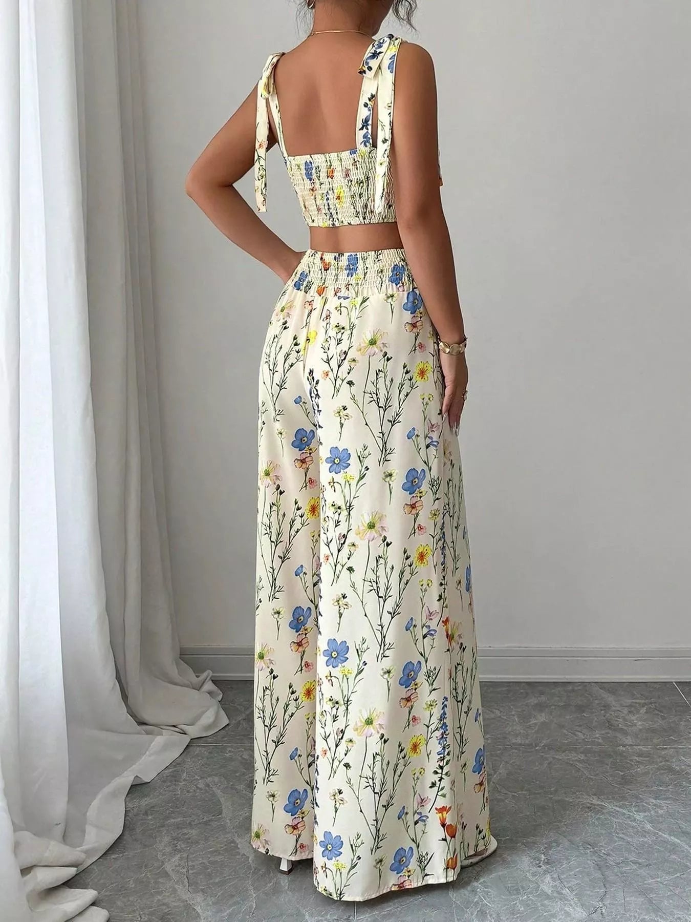 Floral Print Tie-Shoulder Crop Top & Wide Leg Pants Set view 2
