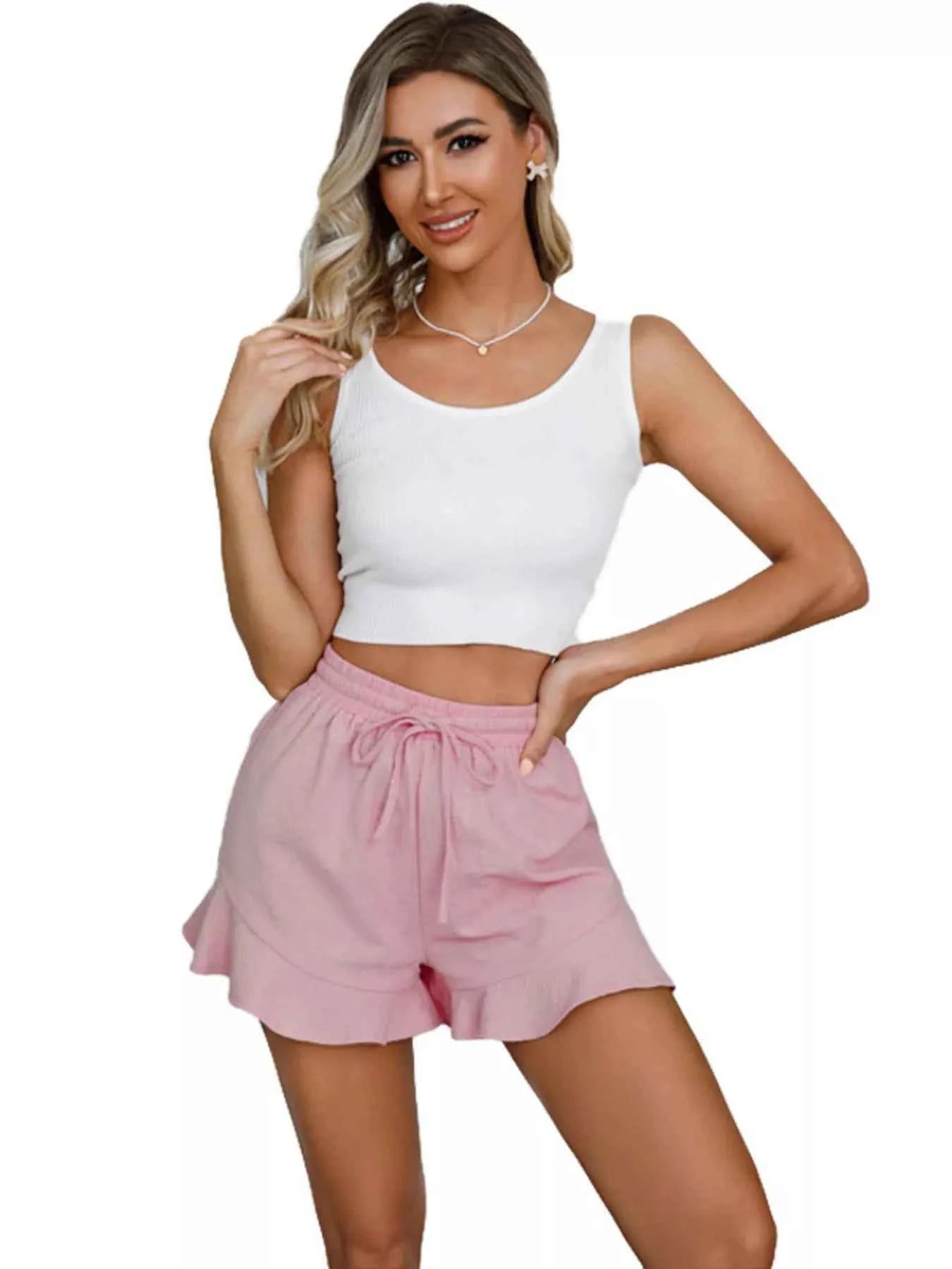 Ruffle Hem Drawstring Shorts - Splashis