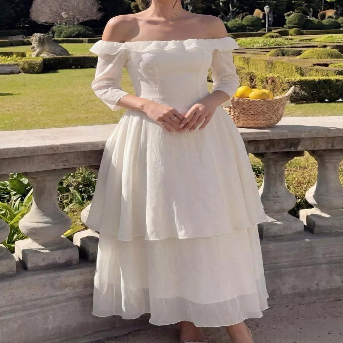 Off-Shoulder Layered Midi Dress-Casual Dresses-Splashis-Color:Cream-Size:L-Splashis
