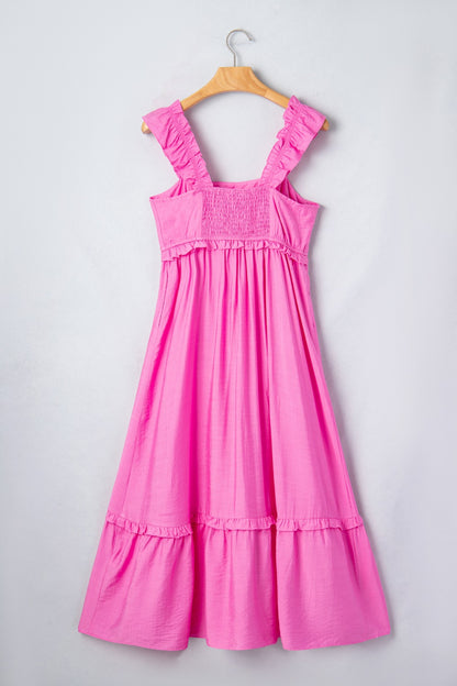 Solid Color Ruffle Trim High Waist Sleeveless Maxi Dress-Maxi Dress.-Splashis-Splashis