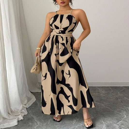 Abstract Print Halter Neck Maxi Dress--Splashis-Color:Khaki-Size:2XL-Trendsi