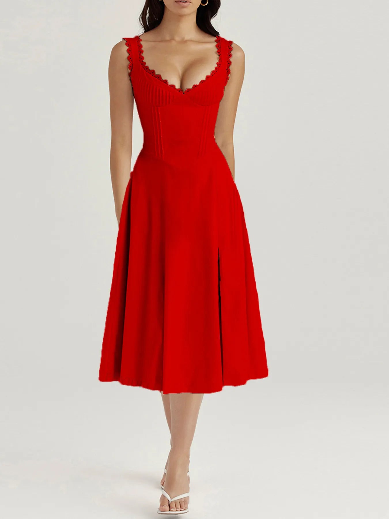 Scalloped V-Neck Midi Dress with Back Lace-Up--Splashis-Color:Red-Size:L-Trendsi