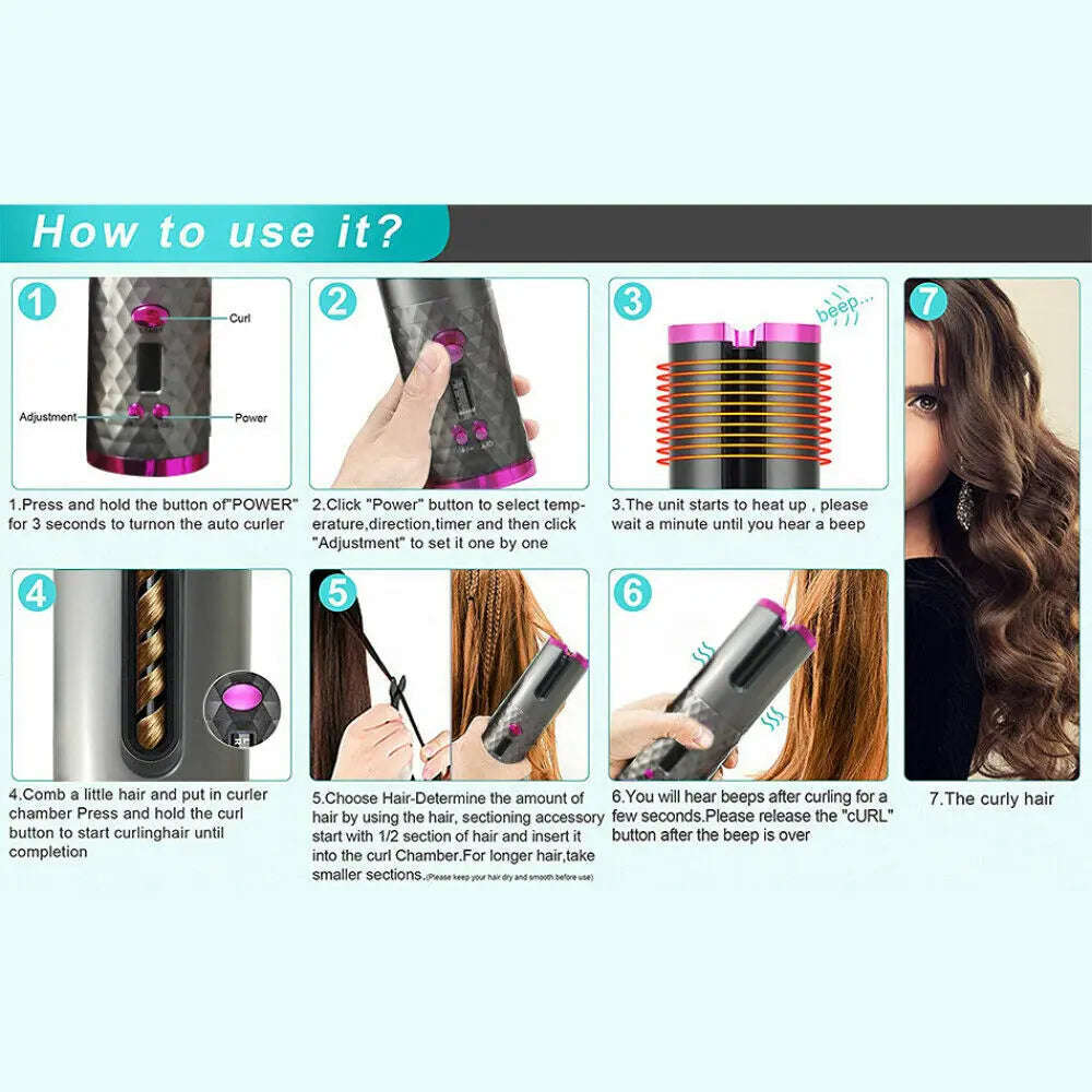 Cordless Wireless Hair Curler Splashis 5000mAh Battery 6 Temperature Settings adjustableheat Alternating Curls Anti-Scald Design Anti-Tangle Technology At-Home Salon Auto Curler Auto Shut-Off auto-rotating Automatic Rotation Beauty Gadget