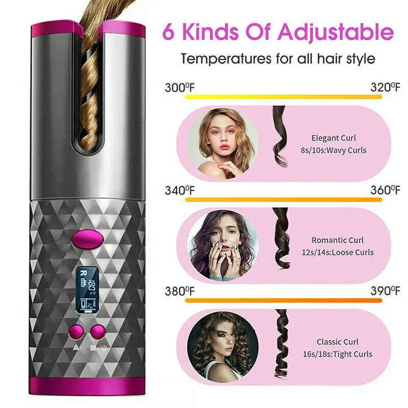 Cordless Wireless Hair Curler Splashis 5000mAh Battery 6 Temperature Settings adjustableheat Alternating Curls Anti-Scald Design Anti-Tangle Technology At-Home Salon Auto Curler Auto Shut-Off auto-rotating Automatic Rotation Beauty Gadget