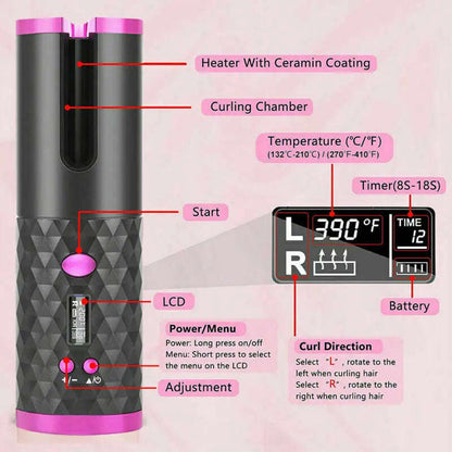 Cordless Wireless Hair Curler Splashis 5000mAh Battery 6 Temperature Settings adjustableheat Alternating Curls Anti-Scald Design Anti-Tangle Technology At-Home Salon Auto Curler Auto Shut-Off auto-rotating Automatic Rotation Beauty Gadget