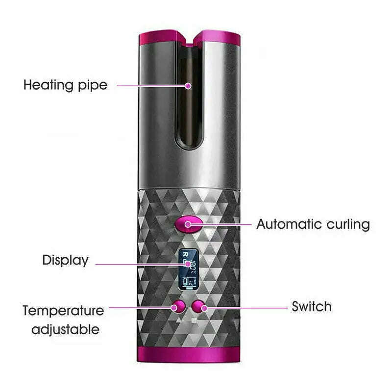 Cordless Wireless Hair Curler Splashis 5000mAh Battery 6 Temperature Settings adjustableheat Alternating Curls Anti-Scald Design Anti-Tangle Technology At-Home Salon Auto Curler Auto Shut-Off auto-rotating Automatic Rotation Beauty Gadget