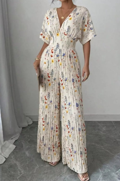 Pleated Floral Print Wide Leg Jumpsuit-Jumpsuit-Splashis-Splashis