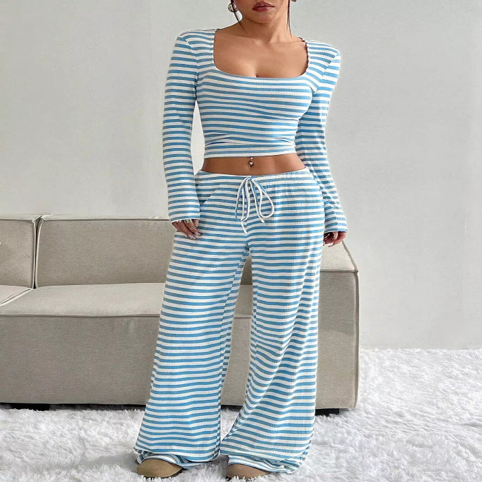 Model wearing the Striped Long Sleeve Crop Top & Wide Leg Pants Set 主图