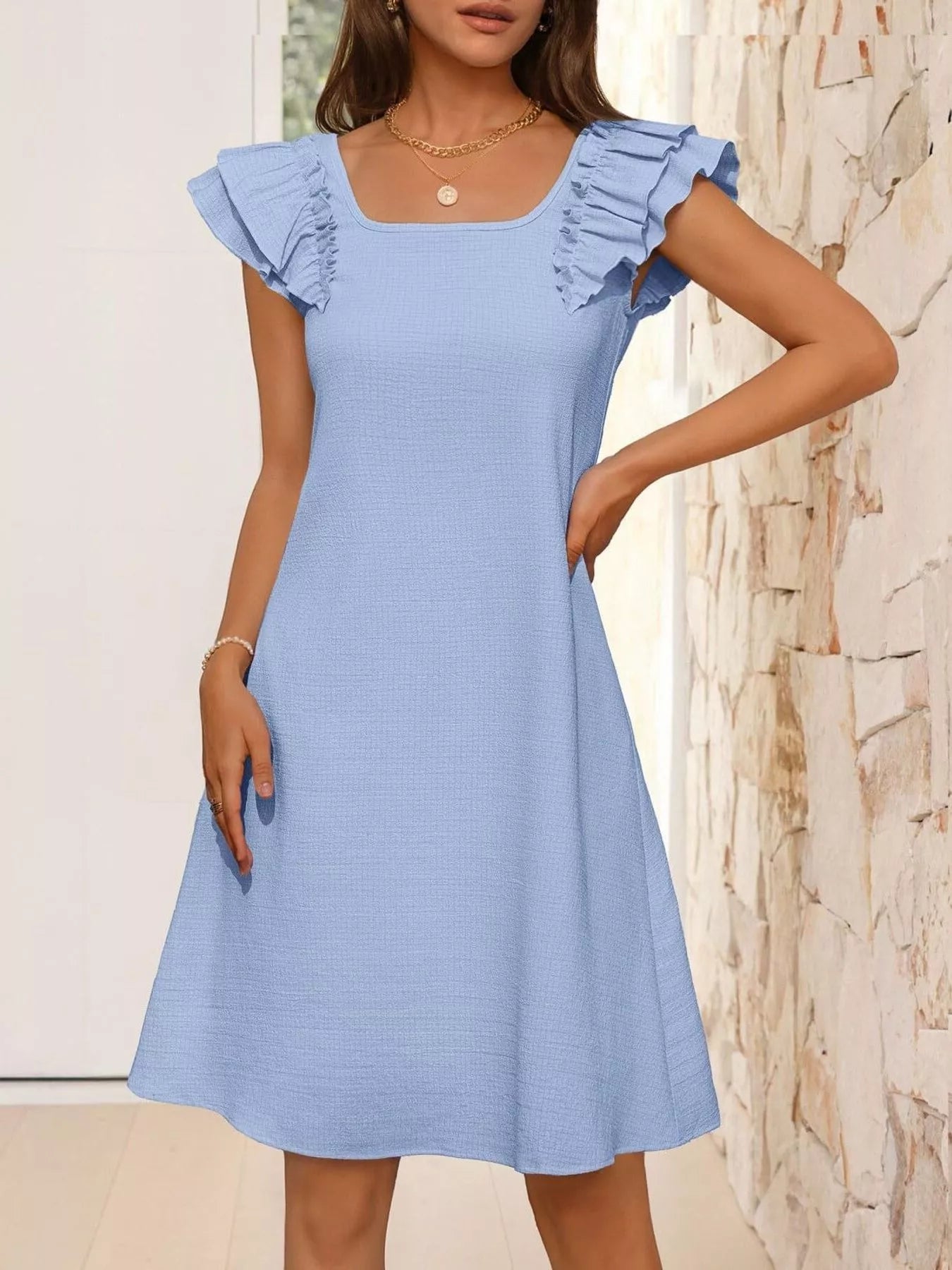 Ruffled Sleeve Square Neck Casual Dress-Casual Dresses-Splashis-Splashis
