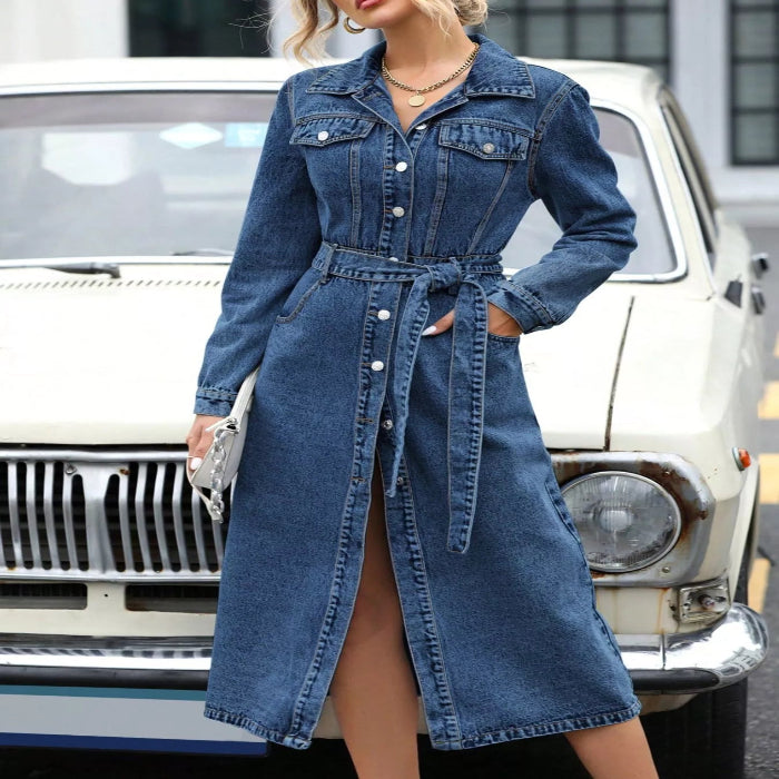 Belted Long Sleeve Denim Dress — primary view Main image