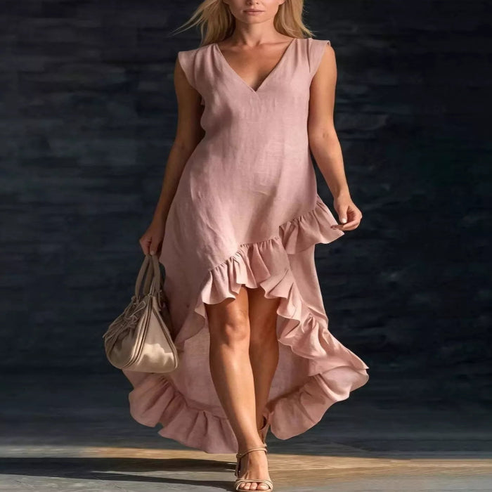 Full Size V-Neck Ruffle Hem High-Low Dress Plus Size — primary view Main image