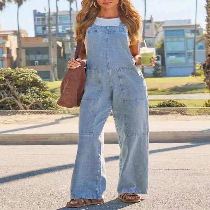 Washed wide-leg denim overalls — primary view メイン画像