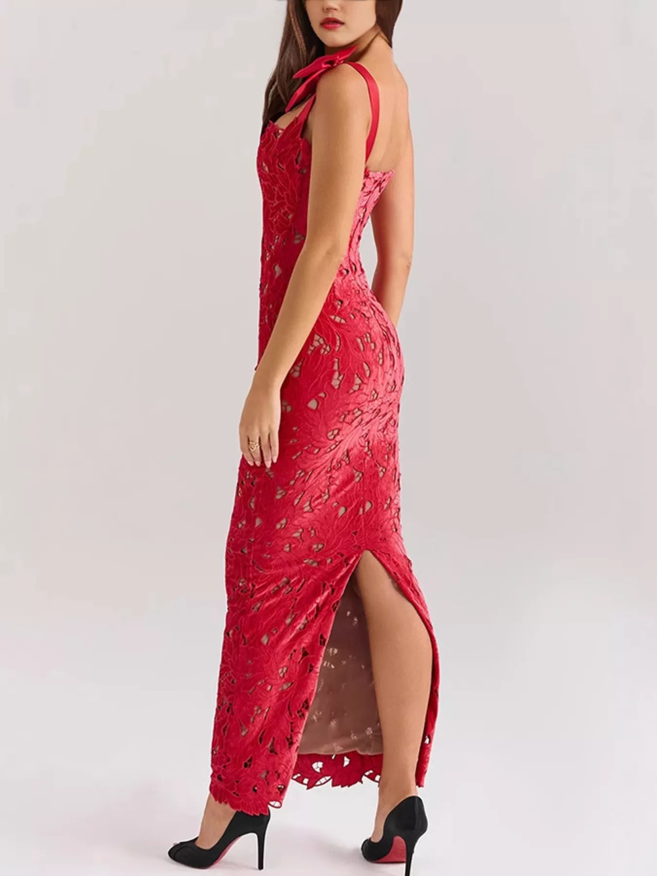 Lace Cutout Tie Shoulder Maxi Dress with Side Slit-Formal + Evening Dresses-Splashis-Splashis