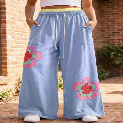 Color Block Wide Leg Pants with Flower Patchwork and Drawstring Waist for Ultimate Comfort - Splashis
