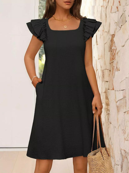 Ruffled Sleeve Square Neck Casual Dress-Casual Dresses-Splashis-Splashis