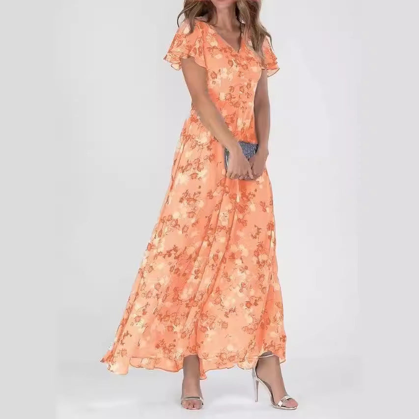 Floral Print Off-Shoulder Chiffon Maxi Dress - Splashis