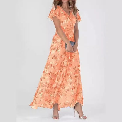 Floral Print Off-Shoulder Chiffon Maxi Dress - Splashis