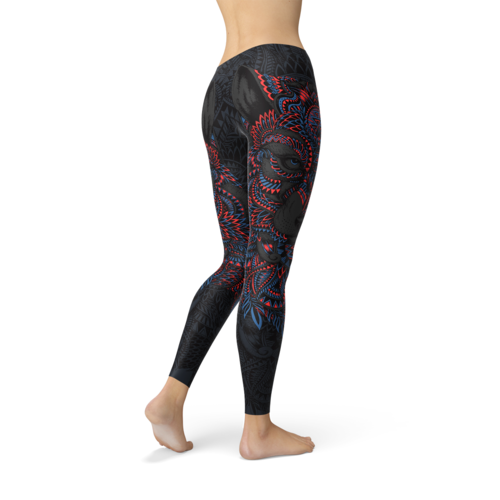 Women Oriental Black Wolf Leggings - Splashis