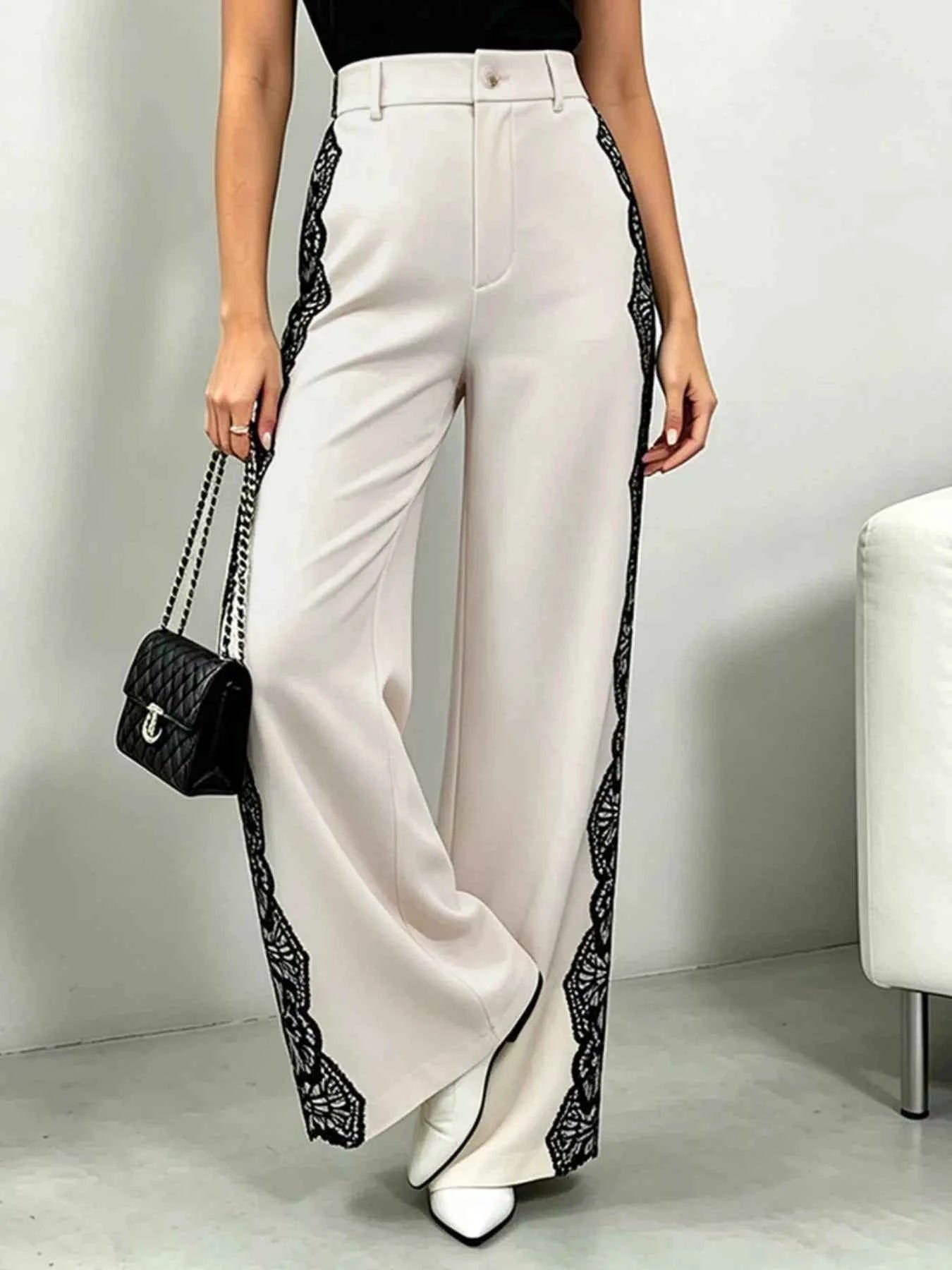 Lace Detail Wide Leg Pants for Chic Comfort and Effortless Style - Splashis