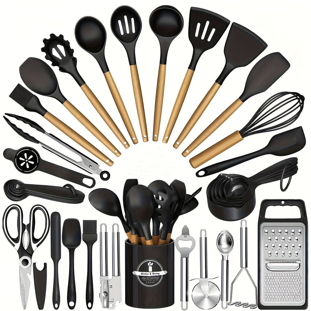 Kitchen tool set shown hanging on rack