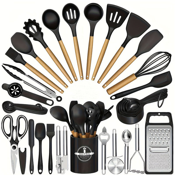 Kitchen tool set shown in use cooking