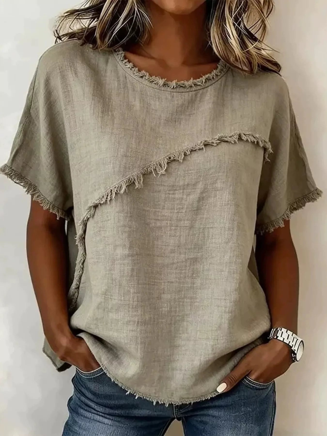 Model wearing the Full Size Frayed Hem Short Sleeve Top Plus Size Main image