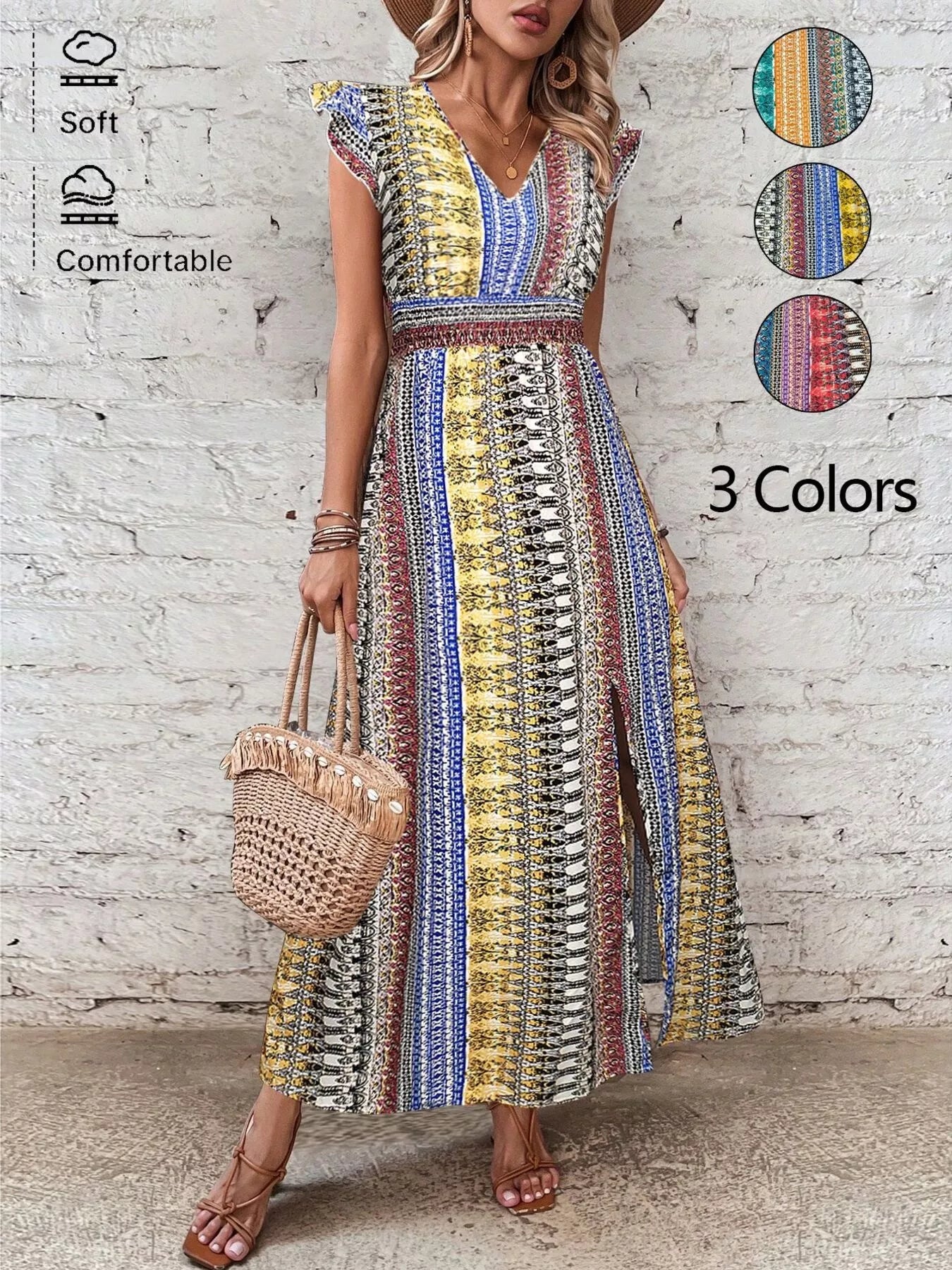 Boho Print Ruffle Sleeve Slit Dress-Casual Dresses-Splashis-Color:Yellow-Size:XL-Splashis