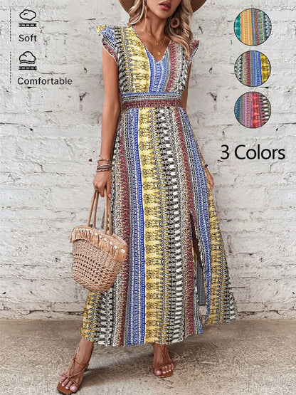 Boho Print Ruffle Sleeve Slit Dress-Casual Dresses-Splashis-Color:Yellow-Size:XL-Splashis