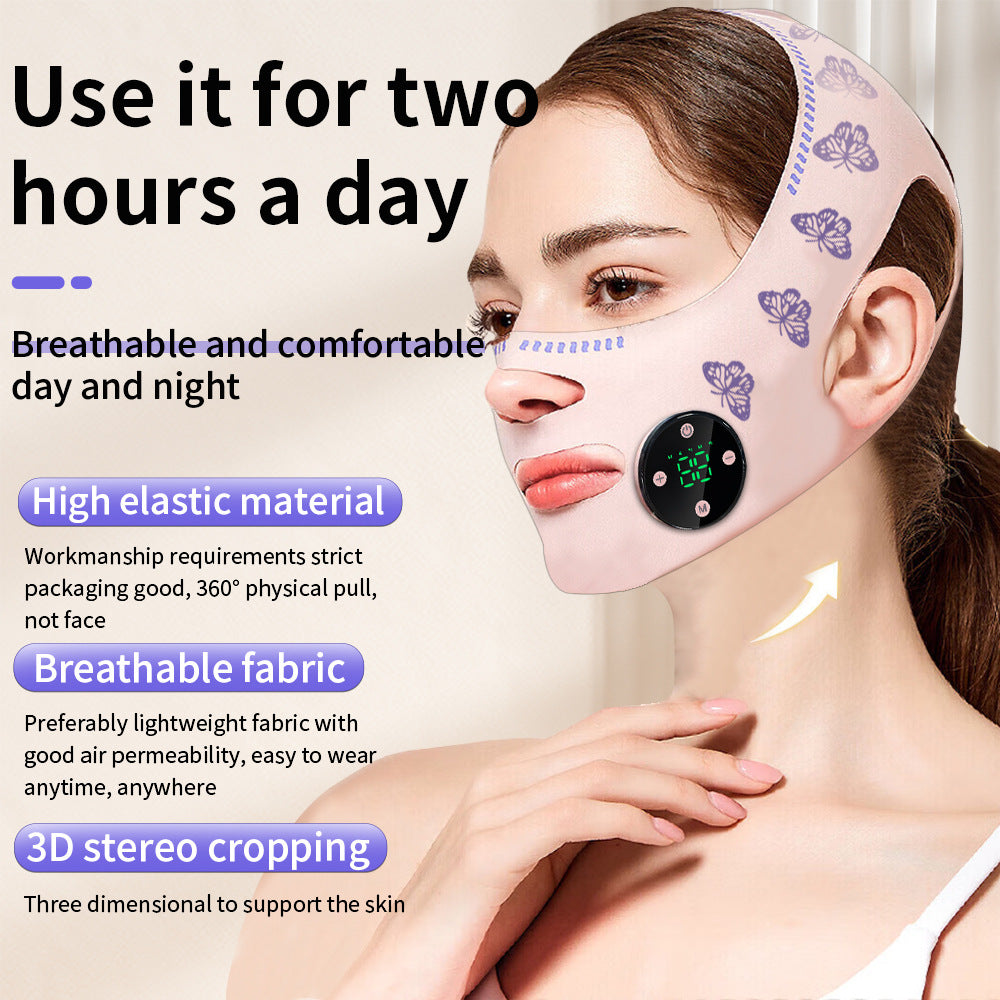 Woman wearing a face mask with text highlighting features and usage instructions. Main image