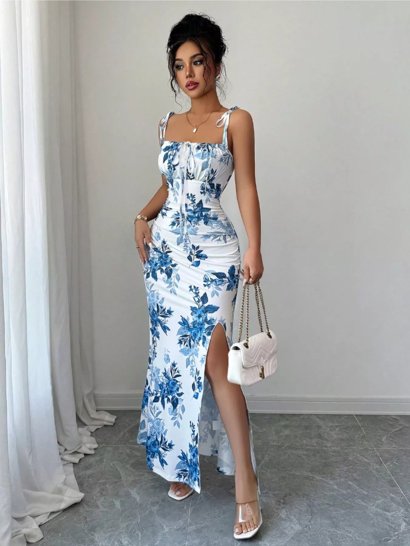 Printed Tie Strap Slit Maxi Dress-Maxi Dress.-Splashis-Splashis