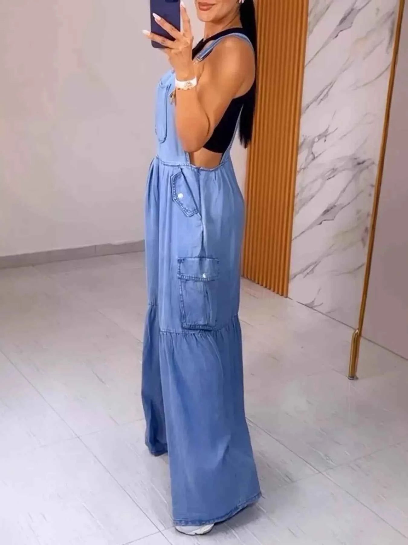Plus Size Denim Overalls with Pockets サブ画像