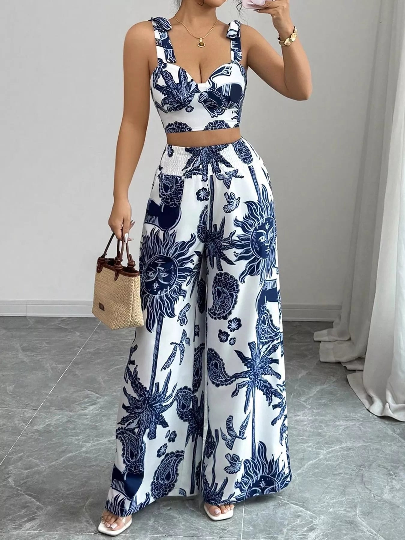 Floral Print Crop Top and Wide Leg Pants Set 副图