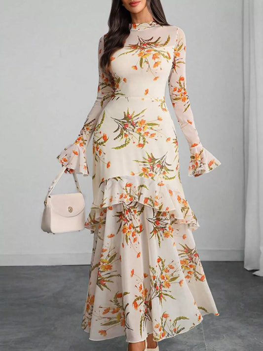 Floral Print Flounce Sleeve Mermaid Maxi Dress--Splashis-Color:Off White-Size:XL-Trendsi