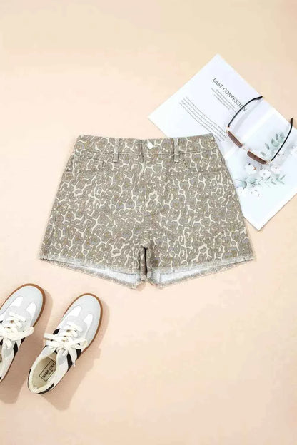 Raw Edge Leopard Print Denim Shorts - Splashis