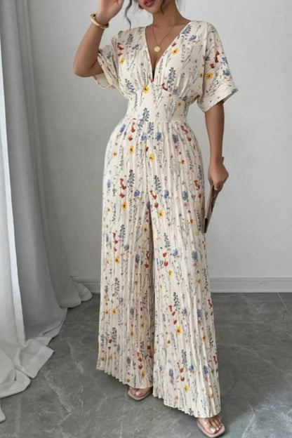 Pleated Floral Print Wide Leg Jumpsuit-Jumpsuit-Splashis-Color:Beige-Size:XL-Splashis