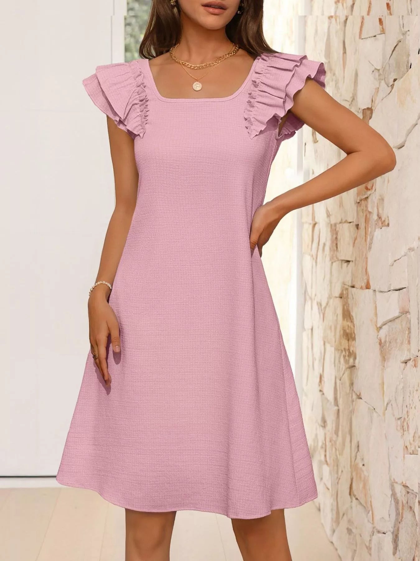 Ruffled Sleeve Square Neck Casual Dress-Casual Dresses-Splashis-Splashis