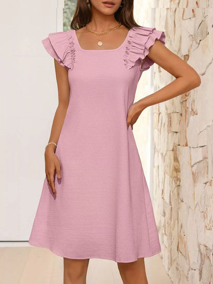 Ruffled Sleeve Square Neck Casual Dress-Casual Dresses-Splashis-Splashis