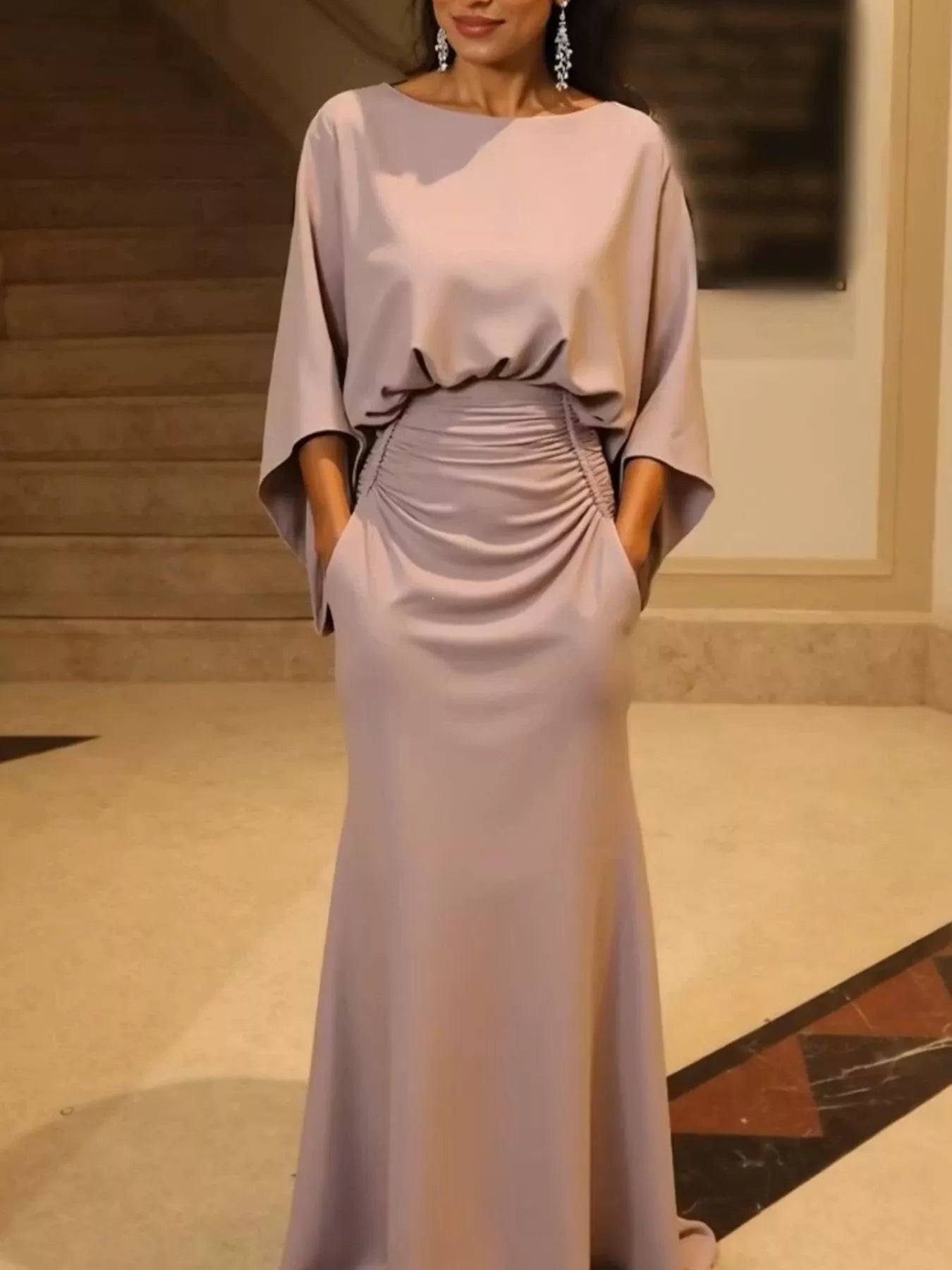 Batwing Sleeve Ruched Maxi Dress-Maxi Dress.-Splashis-Splashis