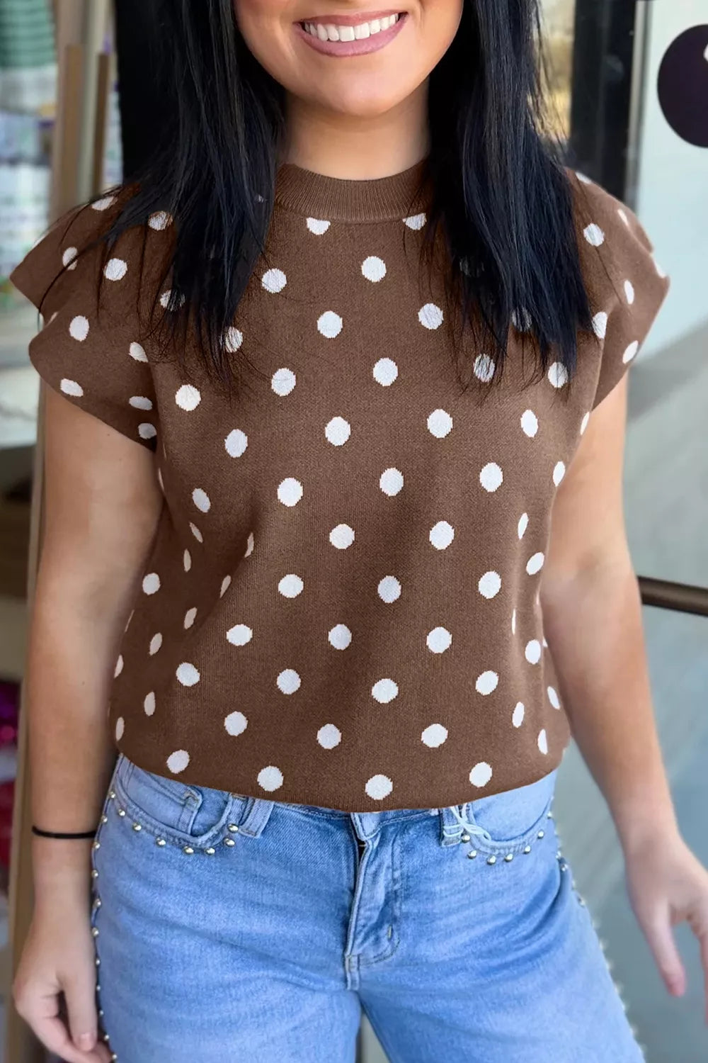 Model wearing the Dolman Short Sleeve Round Neck Polka Dot Sweater Main image