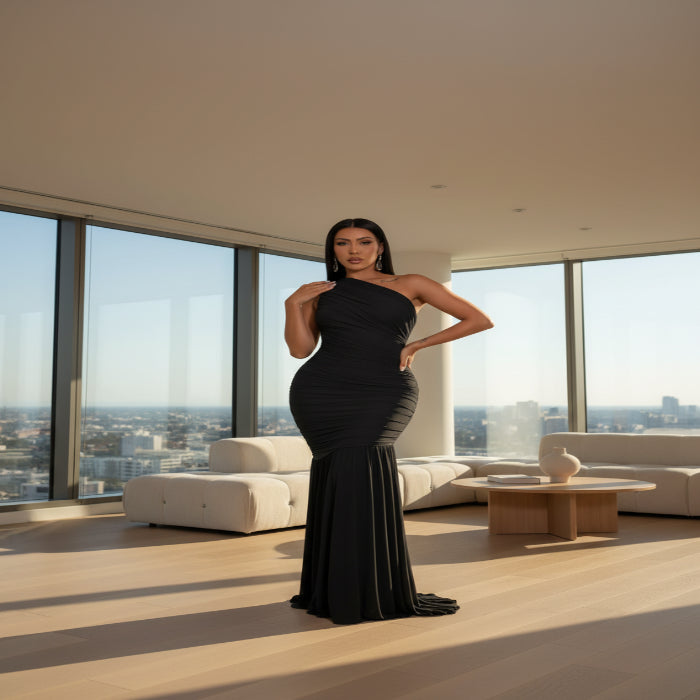 One-Shoulder Ruched Bodycon Maxi Dress-Maxi Dress.-Splashis-Color:Black-Size:2XL-Splashis