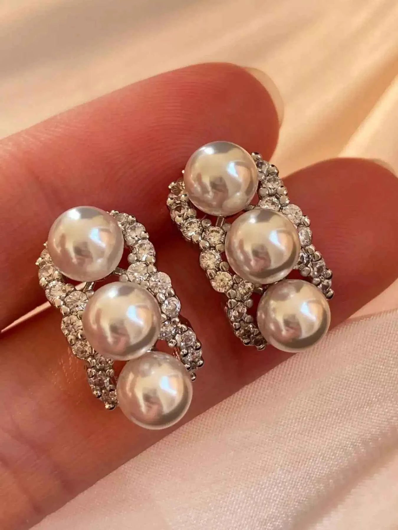 Zircon triple pearl drop earrings in 925 silver — additional view 4