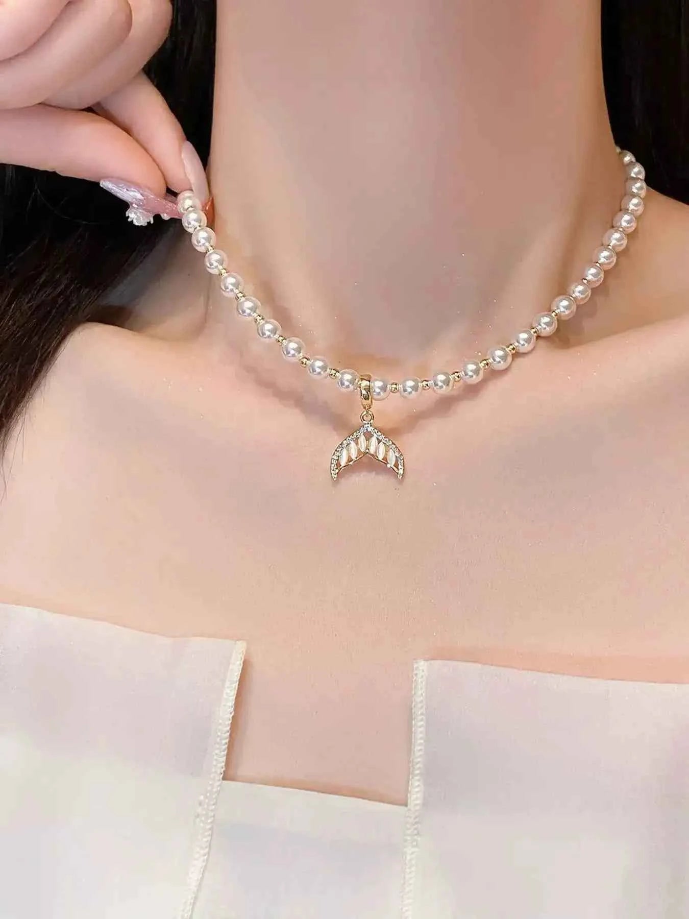 Mermaid Tail Pendant Necklace Pearl Zircon Sekundär produktbild