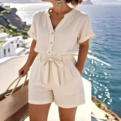 2026 summer fashion two piece button front set featuring a shirt and shorts with pockets and adjustable tie detail
