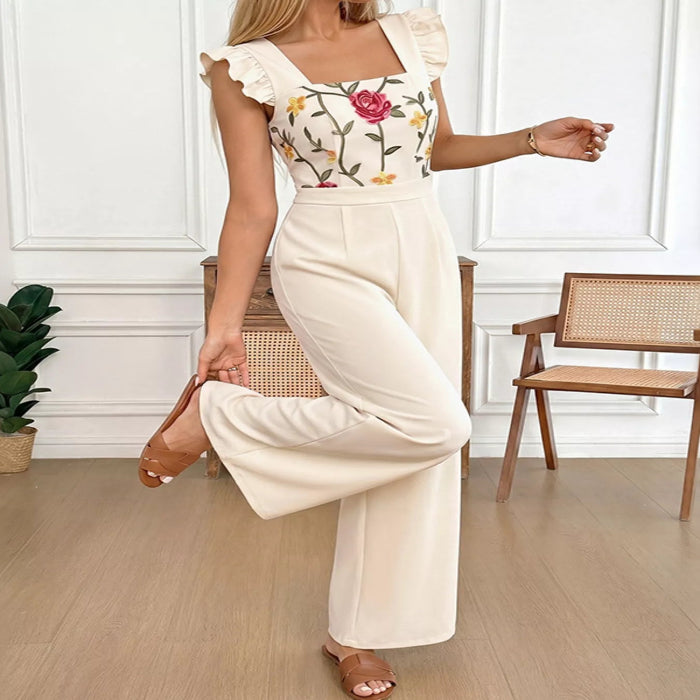 Floral Embroidered Jumpsuit Ruffle Trim-Jumpsuit-Splashis-Color:Beige-Size:XL-Splashis