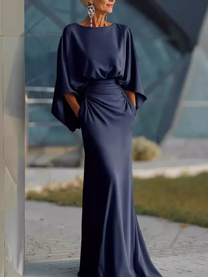 Batwing Sleeve Ruched Maxi Dress-Maxi Dress.-Splashis-Color:Navy-Size:2XL-Splashis
