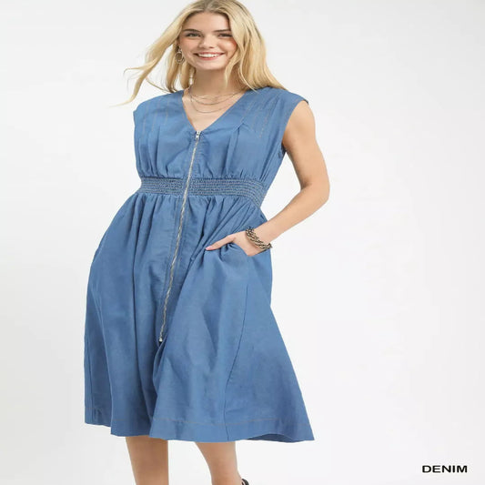  Denim Sleeveless Zip-Front Smocked Waist Midi Dress--Splashis-Color:DENIM-Size:L,S,M