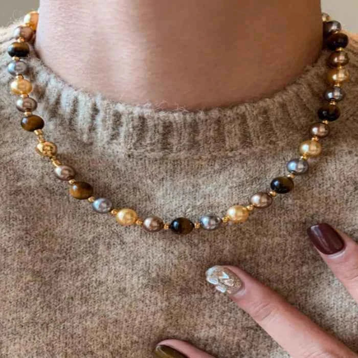 Tiger eye and pearl beaded necklace — primary view Huvudsaklig produktbild