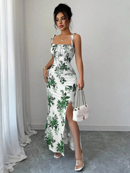 Printed Tie Strap Slit Maxi Dress-Maxi Dress.-Splashis-Color:Matcha Green-Size:XL-Splashis